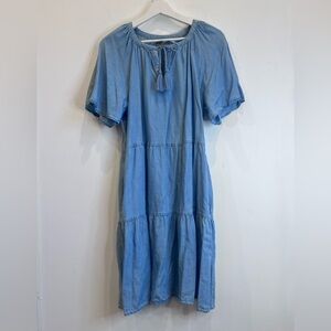 Style & Co Chambray Tiered Dress W Tassel Size L Boho Peasant Lyocell